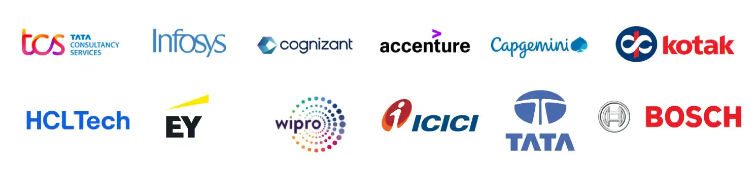 Top-tier companies where our mentees work: TCS, Infosys, Cognizant, Accenture, Capgemini, Kotak, HCLTech, EY, Wipro, ICICI, TATA, Bosch